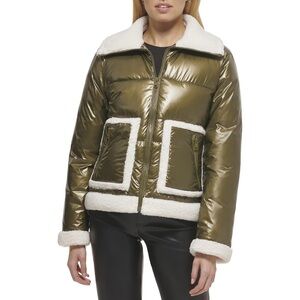 Levis Womens Breanna Puffer Jacket , Pearlized Olive Sherpa Pocket, (XSmall)